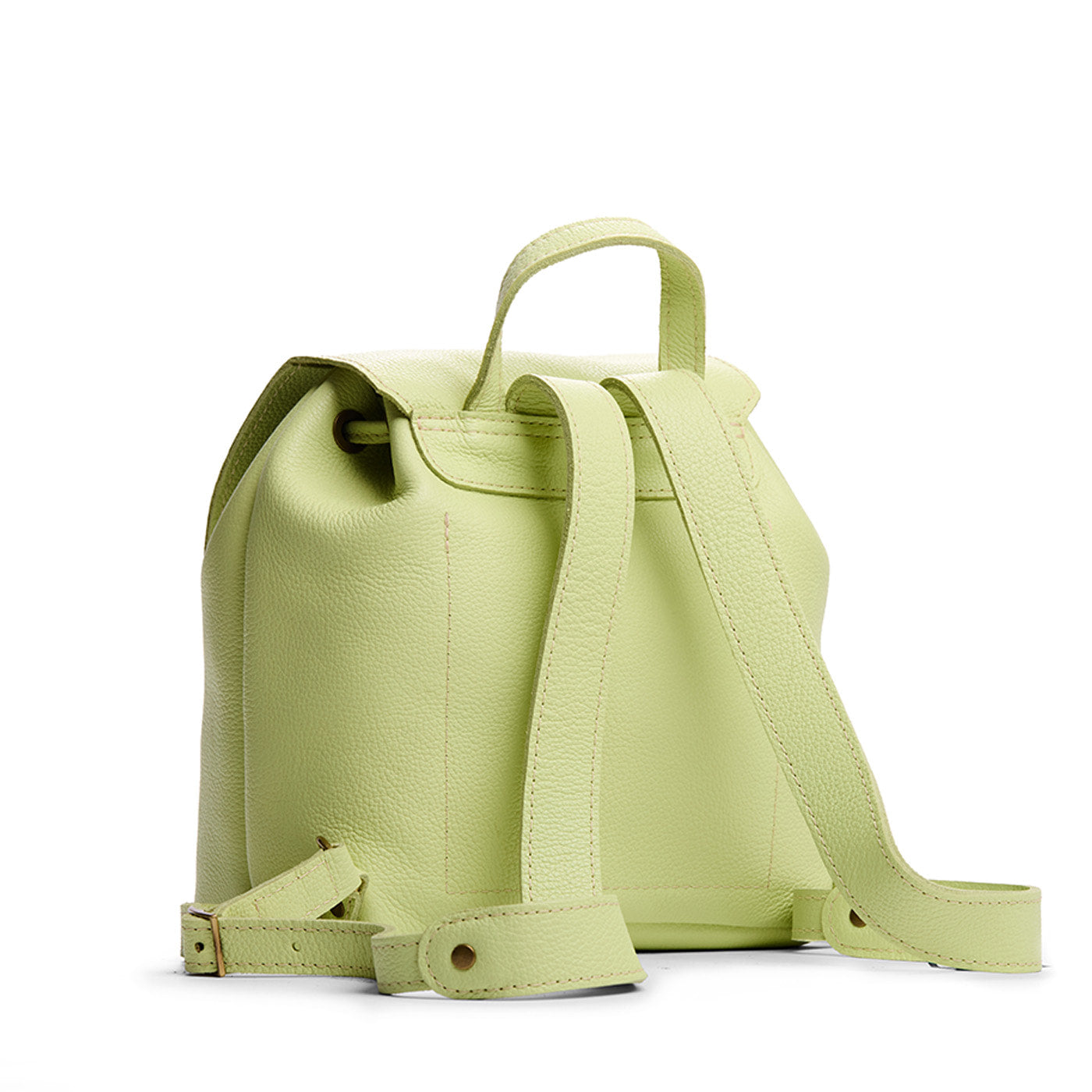 Shadow Lime | Back of drawstring bucket backpack with snap closure under flap