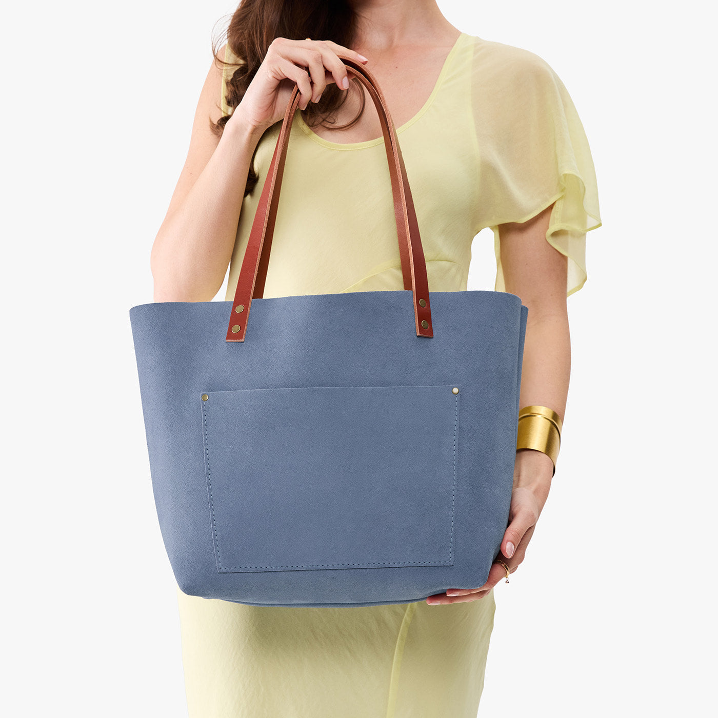 Denim*Classic | Large leather tote bag with sturdy bridle handles and front pocket