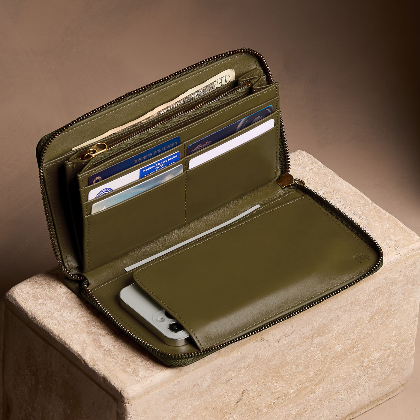 Bay Green | Full zip around wallet open with card and storage pockets