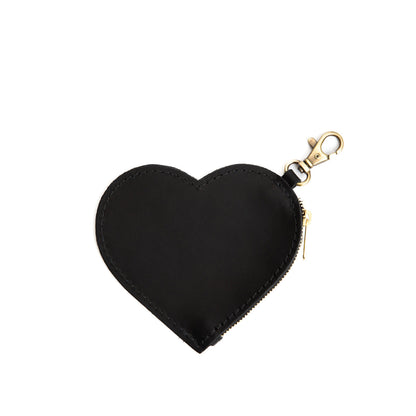 Black | Heart-shaped leather pouch keychain with zipper top and lobster clasp