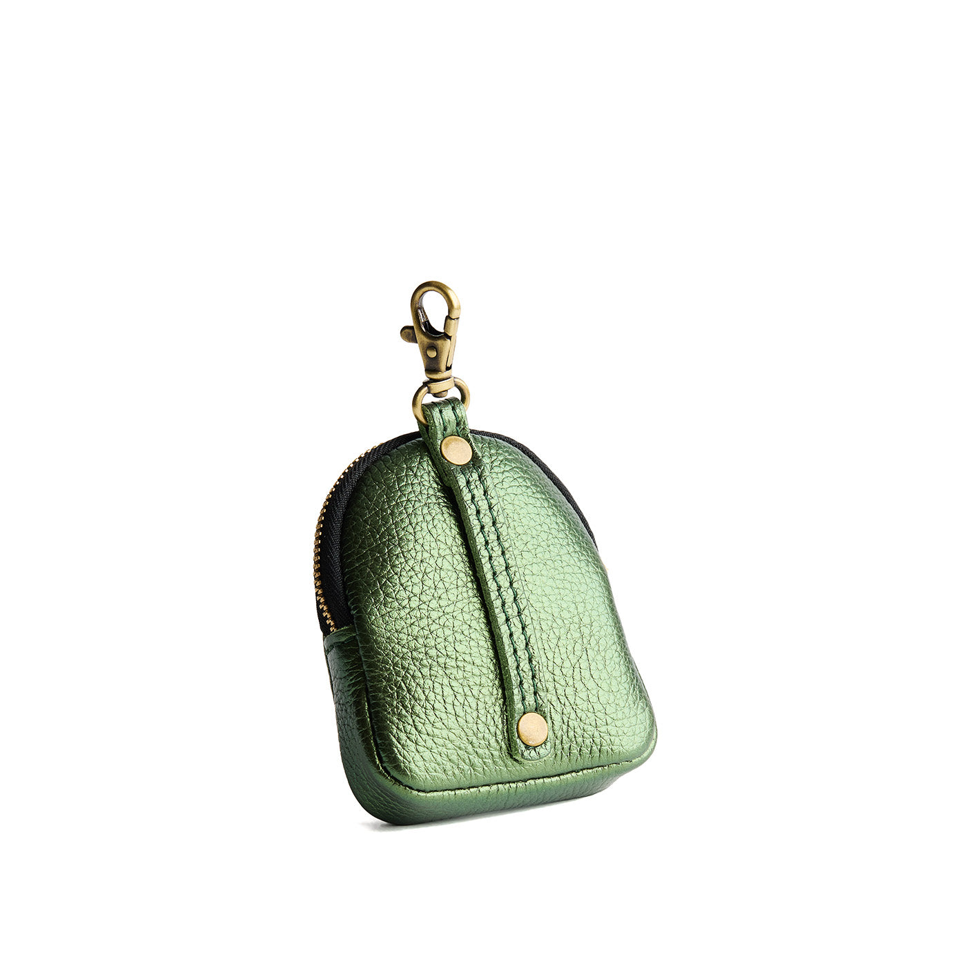 Metallic Greench | Leather keychain pouch with zipper top, swivel lobster clasp, and debossed emblem of three PLG trees