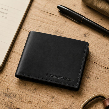 Nero | A leather bifold wallet with visible stitching and an embossed 'PORTLAND LEATHER' logo