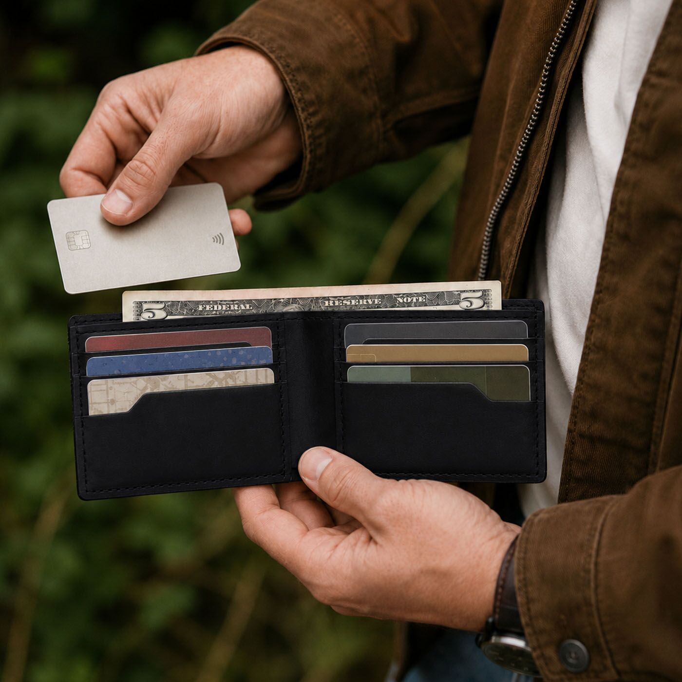 Nero| A close-up of a person holding an open bifold wallet with multiple card slots, inserting a credit card
