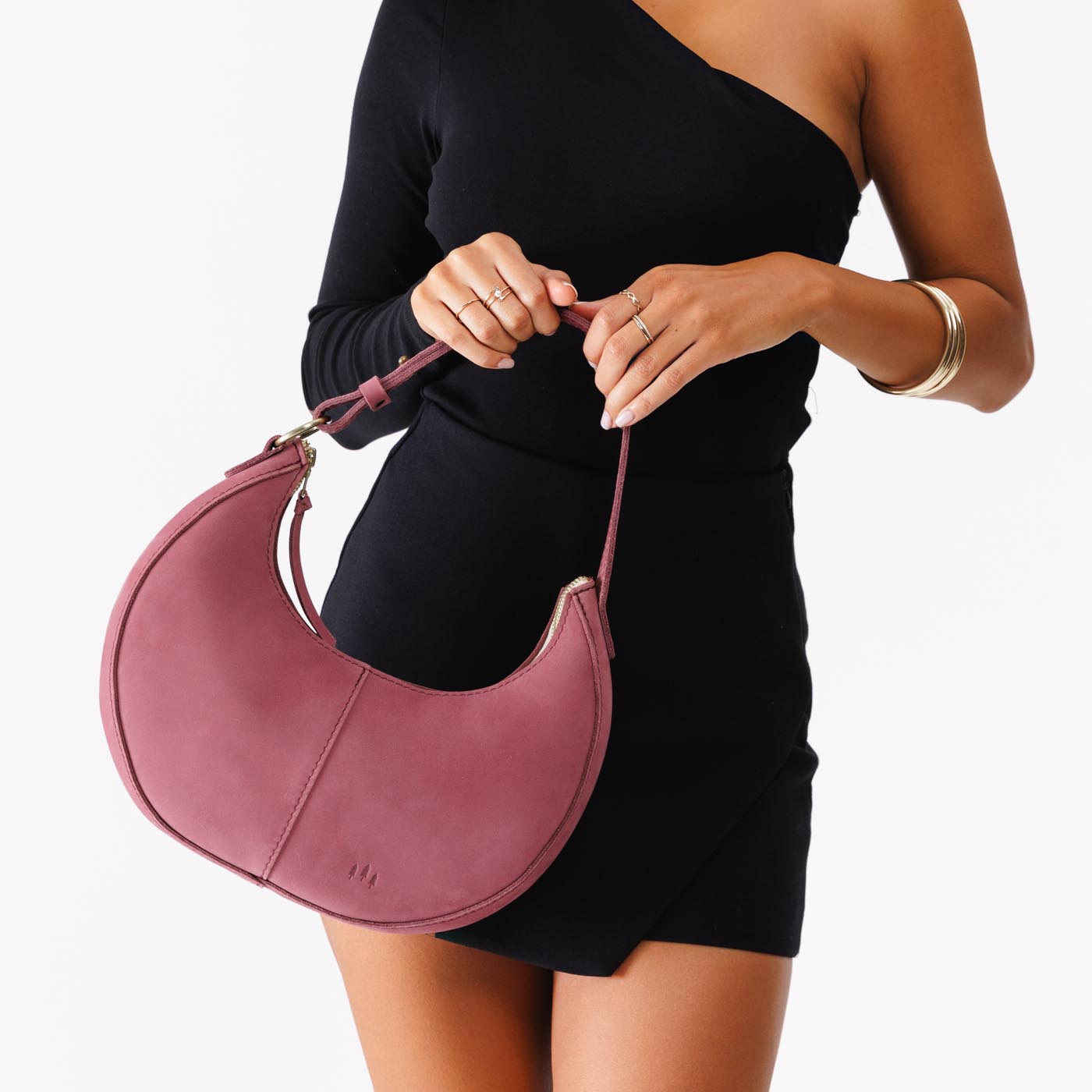 Foxglove*Small | Crescent shaped shoulder bag with zipper closure and adjustable strap
