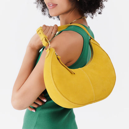 Hello Yellow*Small | Crescent shaped shoulder bag with zipper closure and adjustable strap