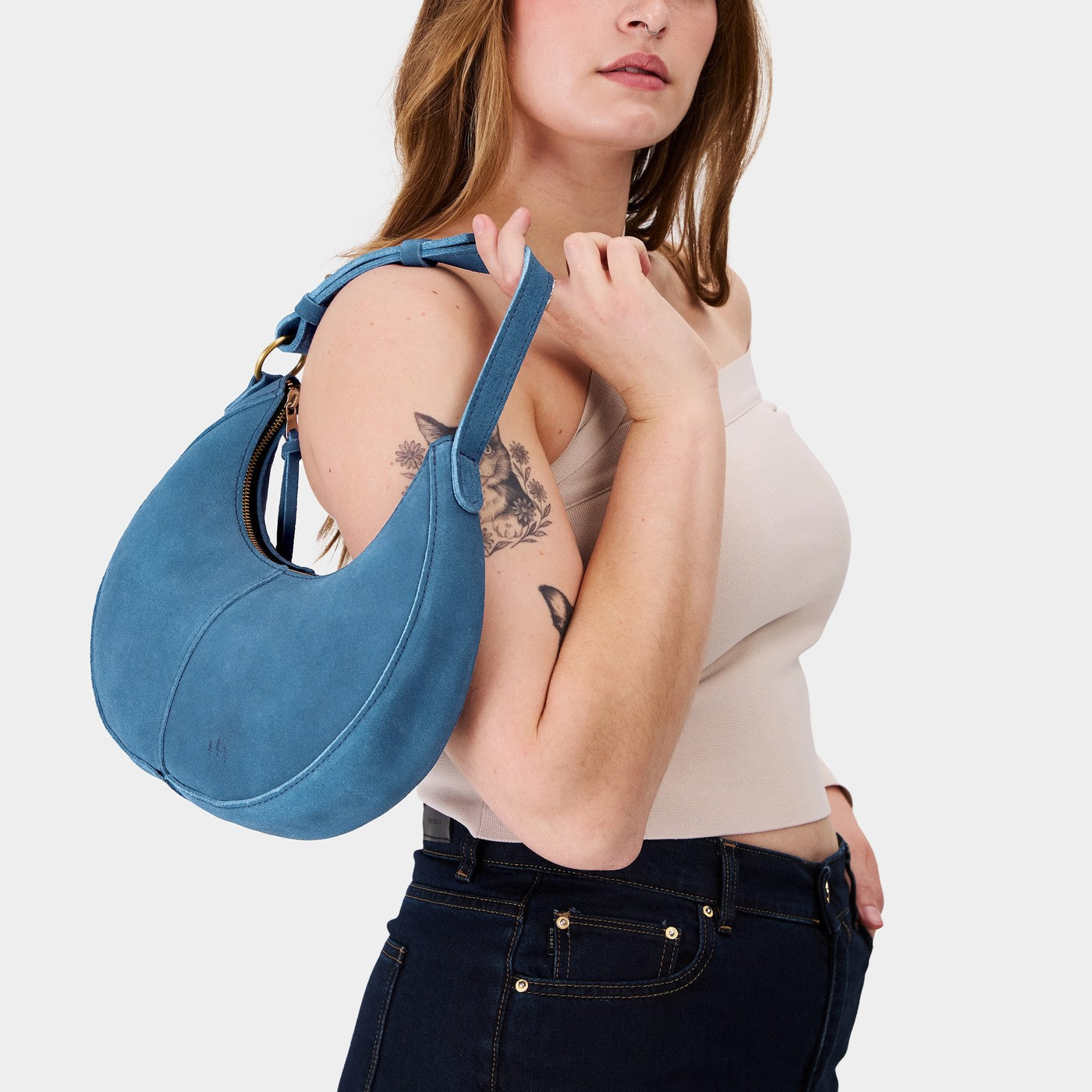 Mariner Blue*Small | Crescent shaped shoulder bag with zipper closure and adjustable strap
