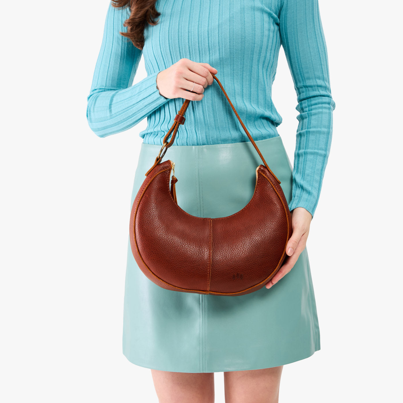 Nutmeg*Small | Crescent shaped shoulder bag with zipper closure and adjustable strap