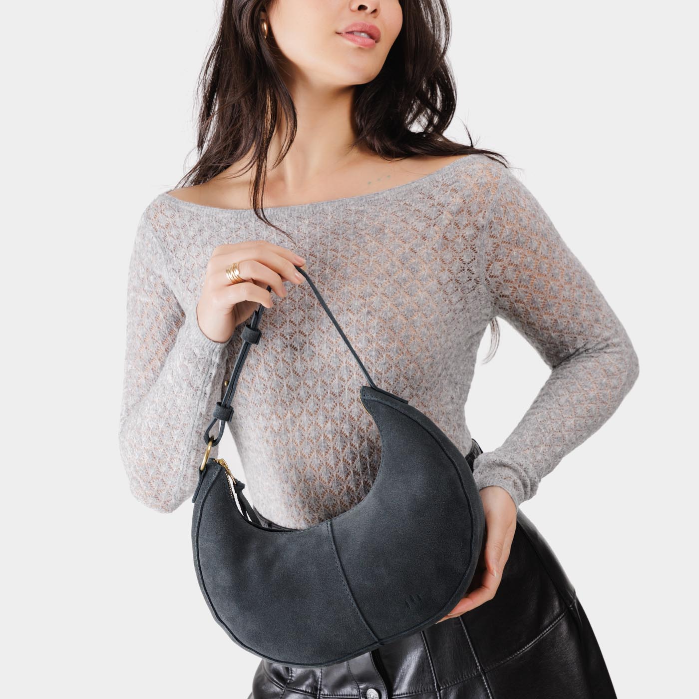 Peppercorn*Small | Crescent shaped shoulder bag with zipper closure and adjustable strap