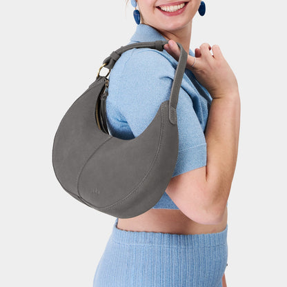 Smoke Grey*Small | Crescent shaped shoulder bag with zipper closure and adjustable strap
