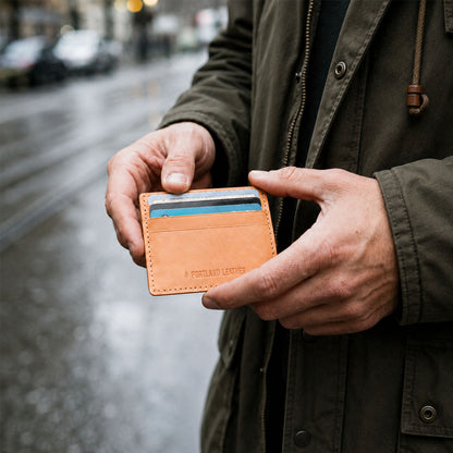Naturale | A close-up lifestyle shot of a model holding a leather card holder