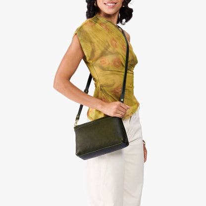 Pebbled Olive*Small | Zip top crossbody bag with detachable strap