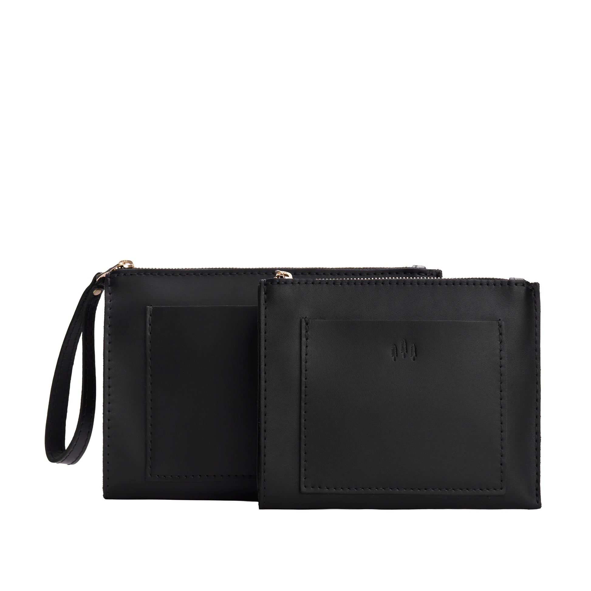 Black | Size comparison of both wristlet pouch with front pocket and zipper closure