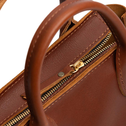 Chestnut*ANY*Zipper | Petite tote purse with structured leather handles and crossbody strap