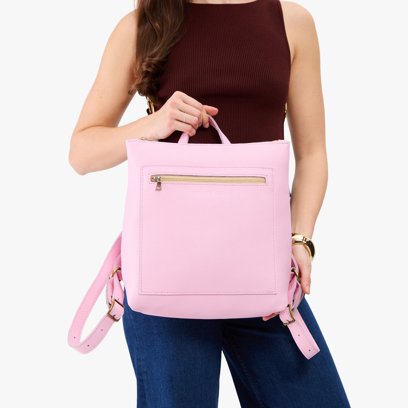 Pinkaboo*Large | Square slim leather tote backpack