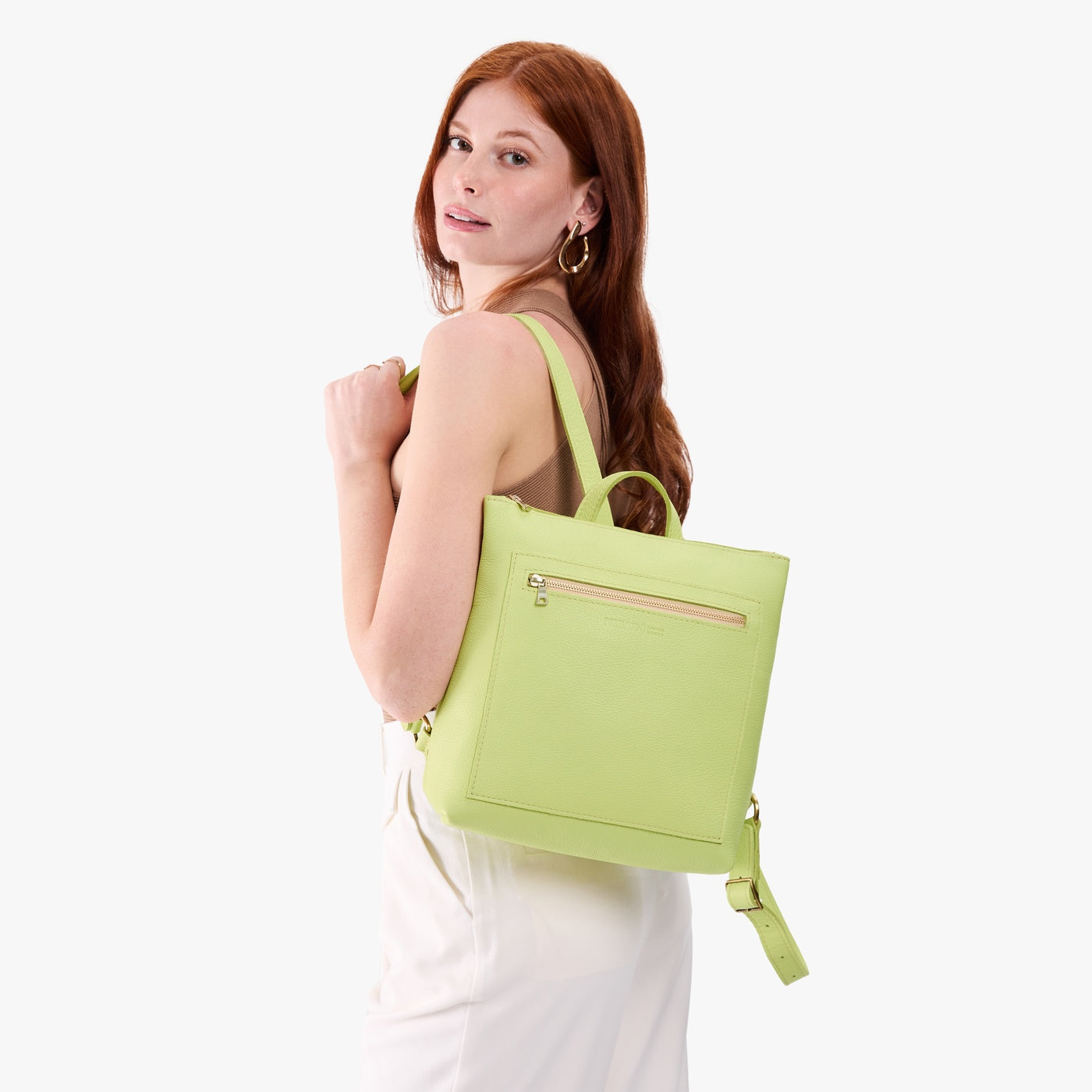 Shadow Lime*Large | Model wearing square slim leather tote backpack